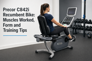 User demonstrating proper form on a Precor C842i recumbent bike in a commercial gym