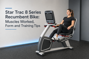 Star Trac 8 Series Recumbent Bike with Touchscreen Console used with supported posture and smooth pedaling form