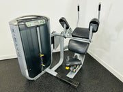 Commercial abdominal crunch machine with padded back support and dual handles. It features an adjustable seat and a weight stack for resistance.
